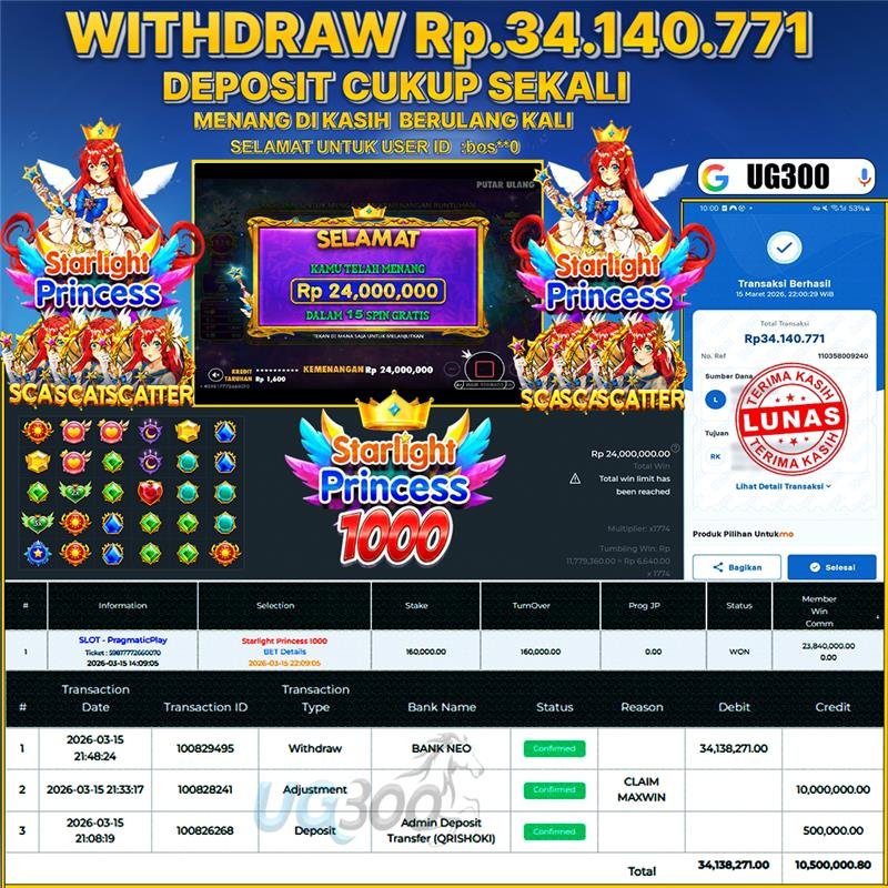UG300 BERMAIN STARLIGHT PRINCESS 1000 DAPAT JACKPOT MAXWIN WD Rp.34,140,771- DI BAYAR TUNTAS